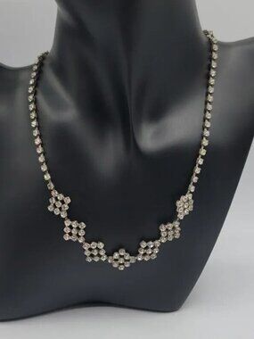 VTG Diamante Cluster Necklace Diamond Shape Rhinestone Stations Silver Tone 15"